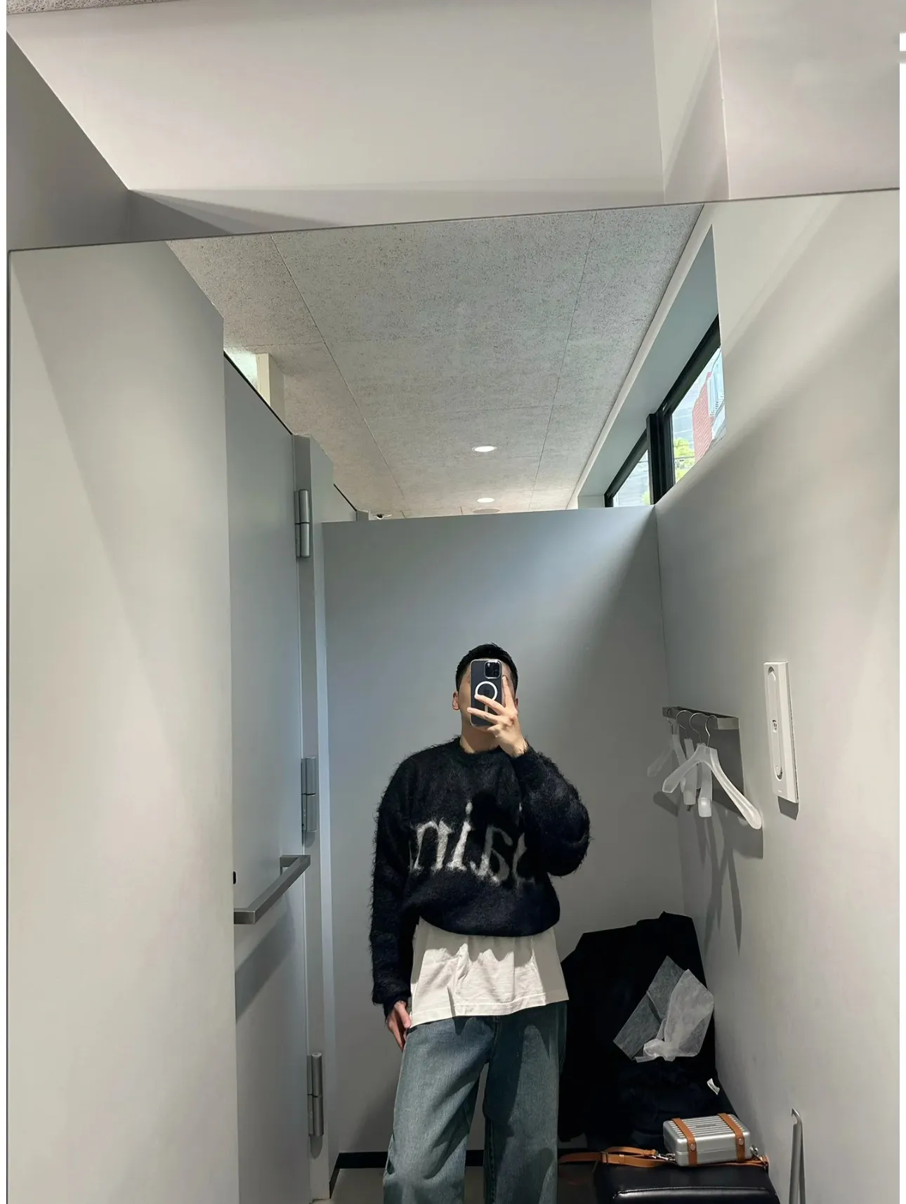❥4029#P226 SAINT Mxxxxxx × DENIM TERAS mohair sweater long sleeves BTS same style loose short design + fluffy version same style for men and women Color: Black Size: S M L XL
